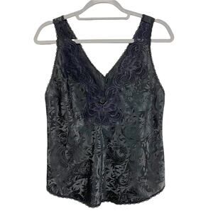 Vintage Womens Black Floral Lace Trim Lingerie Valentines Cami Top